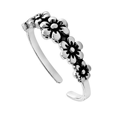 Womens PRIMROSE Primrose sterling silver polished oxidized flower band toe ring.