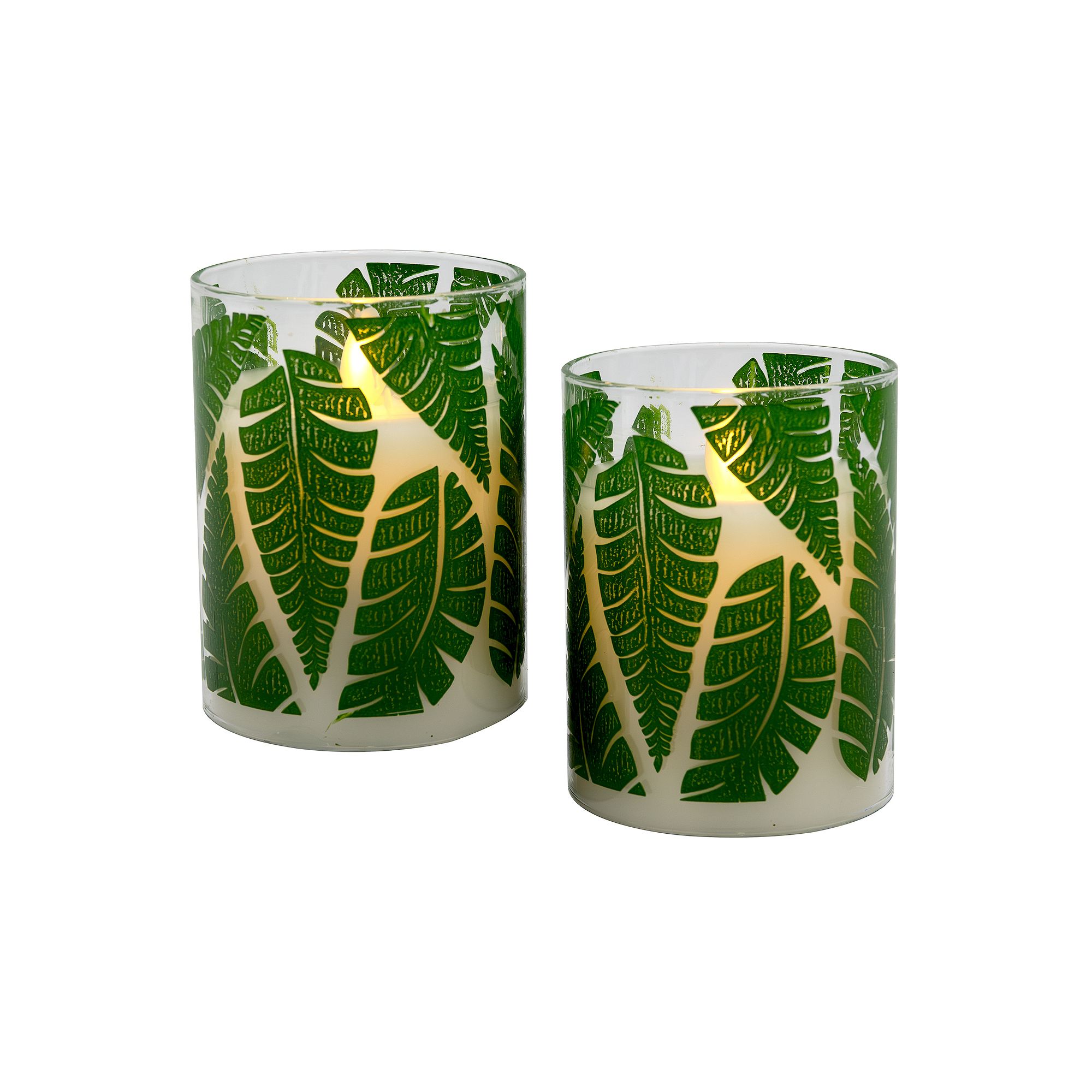 LumaBase 2-pc. Green Fern Wax LED Candles in Glass Holders with Timer Set, 