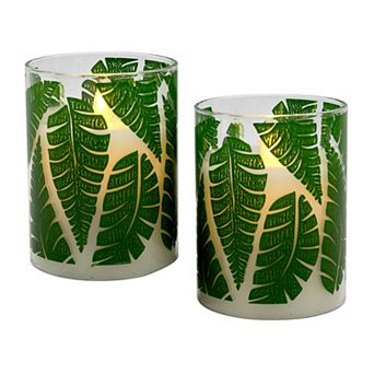 LumaBase 2 pc Green Fern Wax LED Candles in Glass Holders with Timer Set
