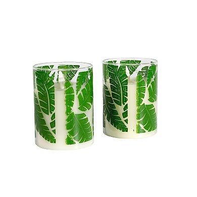 LumaBase 2-pc. Green Fern Wax LED Candles in Glass Holders with Timer Set