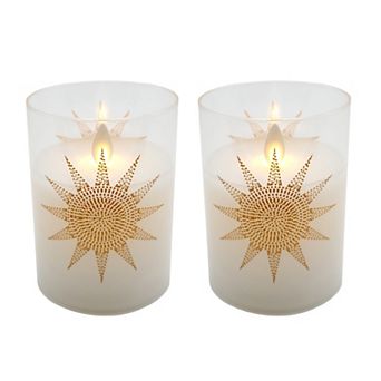 LumaBase 2 pc Mosaic Sun Wax LED Candles in Glass Holders with Timer Set