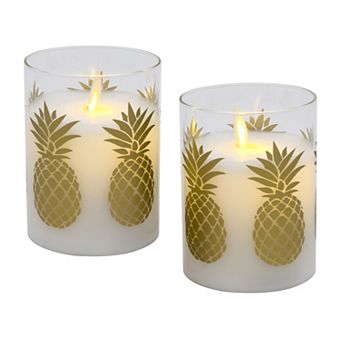 LumaBase 2 pc Gold Pineapple Wax LED Candles in Glass Holders with Timer