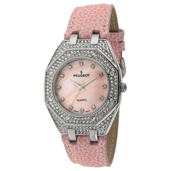 Women's Peugeot Hex Shape Watch with Crystal Bezel and Leather Strap