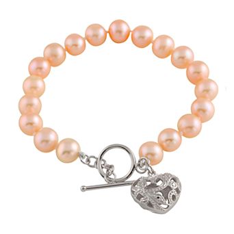Splendid Pearls Sterling Silver Heart Toggle Bracelet