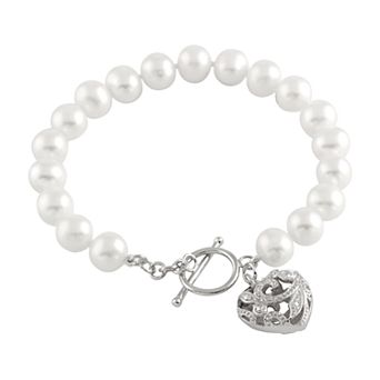 Splendid Pearls Sterling Silver Heart Toggle Bracelet