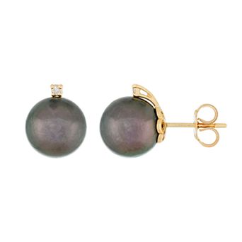 Splendid Pearls 14k Gold Cultured Tahitian Pearl & 1/10 Carat T.W. Diamond Stud Earrings