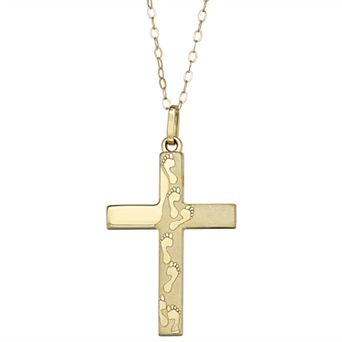 10k Gold Footprint Cross Pendant Necklace