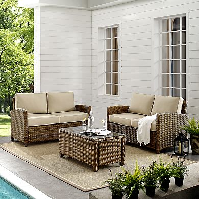 Crosley Furniture Bradenton 3 Piece Outdoor Loveseat Wicker Seating Set With Navy Cushions
