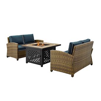 Crosley Furniture Bradenton 3 pc Outdoor Loveseat Wicker Seating Set With Navy Cushions