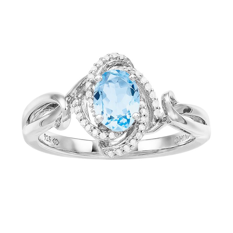Womens 7mm X 5mm Oval Genuine Aquamarine Ring with 1/10 CTW White Diamond 