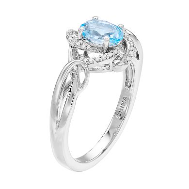 Women's 7mm X 5mm Oval Genuine Aquamarine Ring with 1/10 CTW White Diamond Sterling Silver Ring