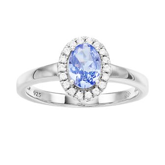 Women's 7mm X 5mm Oval Genuine Tanzanite with Topaz Halo Ring in Sterling Silver Ring