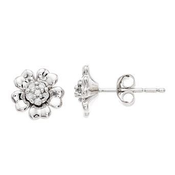 Women's 1/10 ct White Diamond Flower Earrings in Sterling Silver Earrings
