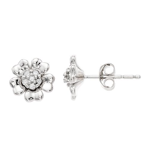 Women's 1/10CTW White Diamond Flower Earrings in Sterling Silver Earrings