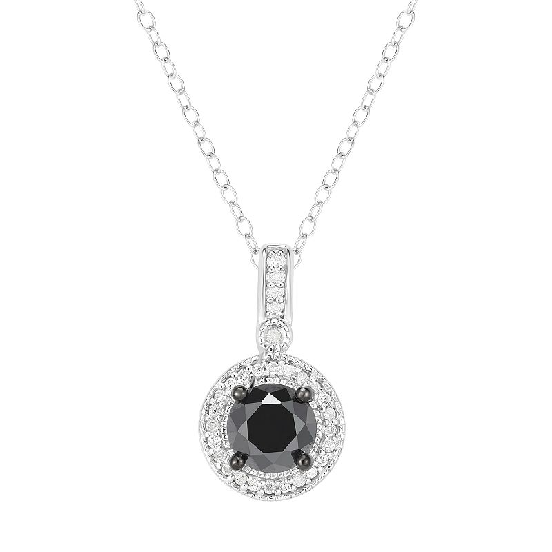 1 Carat T.W. Black & White Diamond Round Halo Pendant Necklace, Womens, S