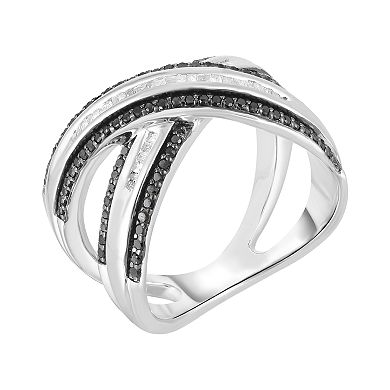 1/2 Carat T.W. Black & White Diamond Sterling Silver Crossover Ring