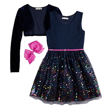 Girls 7-16 & Plus Size Knitworks Sequin Skater Dress & Shrug Set with Hair Bow