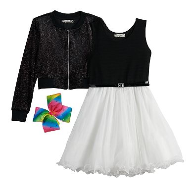 Girls 7-16 & Plus Size Knitworks Belted Wire Hem Skater Dress & Bomber Jacket Set with Hair Bow
