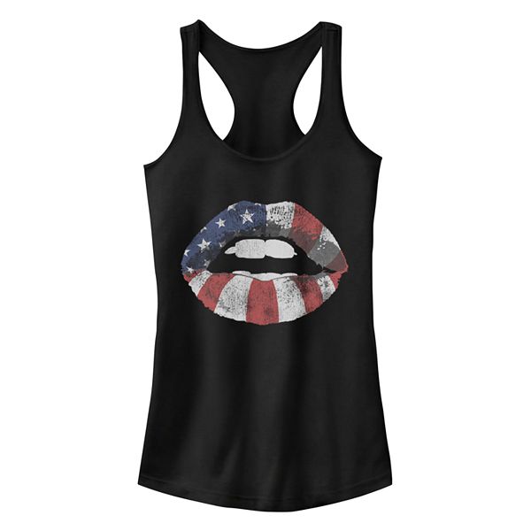 Junior's Chin-Up American Flag Lips Racerback Tank Top