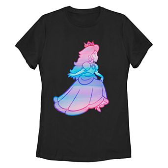 Juniors' Super Mario Bros Peach Neon Color Fade Tee