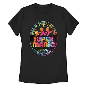 Juniors' Super Mario Bros Classic Gamer Tie Dye Logo Tee