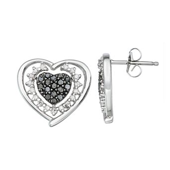 Jewelexcess Sterling Silver 1/2 Carat Black & White Diamond Heart Stud Earrings
