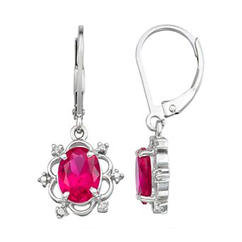 Jewelexcess Sterling Silver 2.75 Carat T.W. Lab-Created Ruby Gemstone & Diamond Accent Drop Earrings