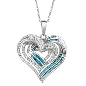 Jewelexcess Sterling Silver 1 Carat T.W. Blue & White Diamond Heart Pendant Necklace