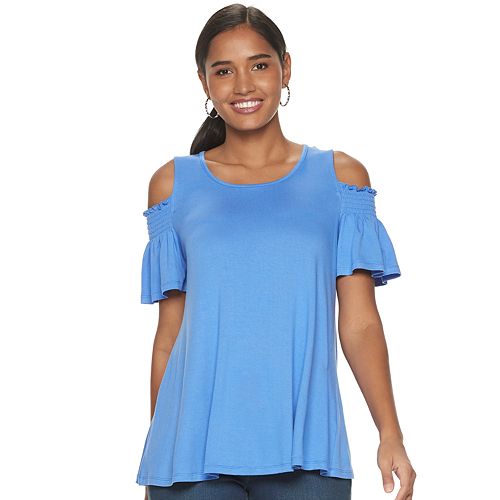 Womens Elle™ Smocked Cold Shoulder Top 