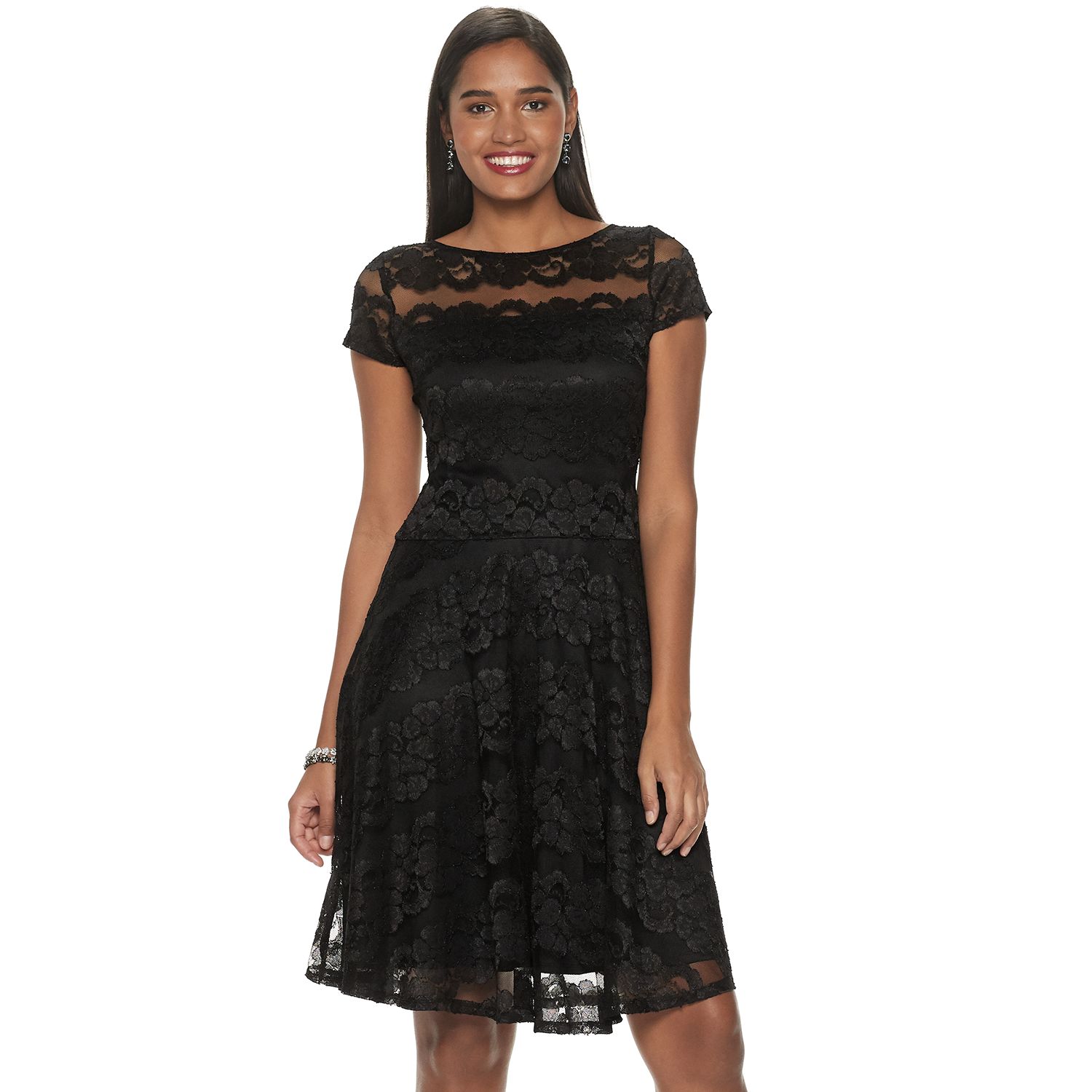 lace fit and flare dress with sleeves