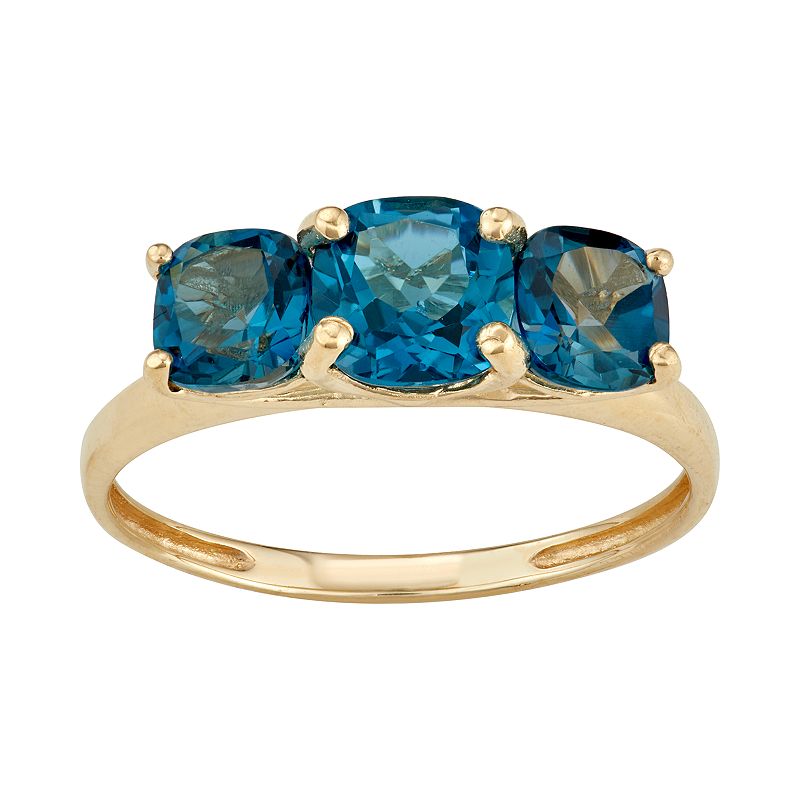 10k Gold 3-Stone Cushion Ring, Womens, Size: 6, Blue