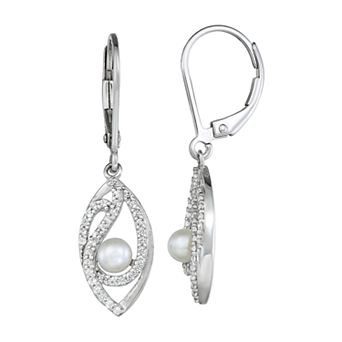 Classic Treasures Sterling Silver Freshwater Cultured Pearl & Lab-Created White Sapphire Leverback Earrings