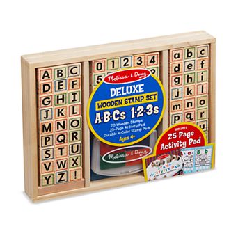 Melissa & Doug Deluxe Letters and Numbers Wooden Stamp Set ABCs 123s With Activity Book, 4-Color Stamp Pad
