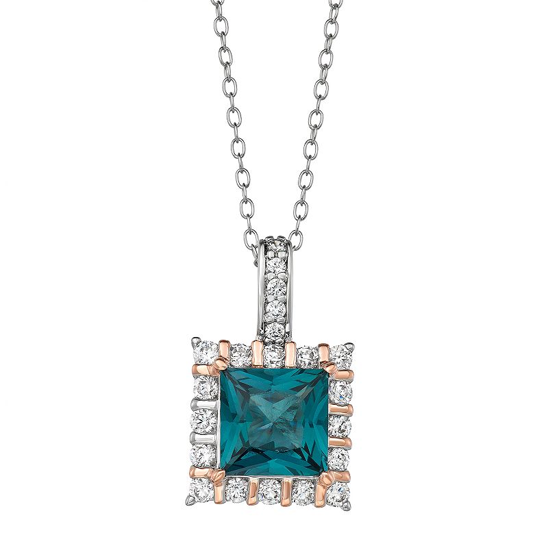 Two Tone Sterling Silver Lab-Created Spinel & Cubic Zirconia Square Pendan