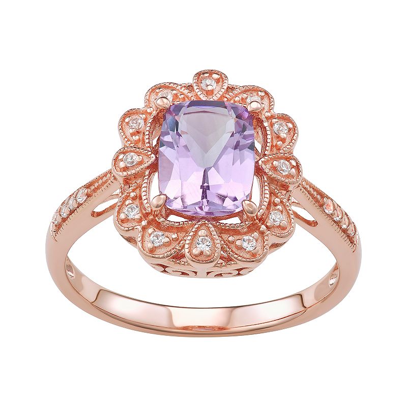 14k Rose Gold Over Silver Amethyst Frame Ring, Womens, Size: 6, Purple