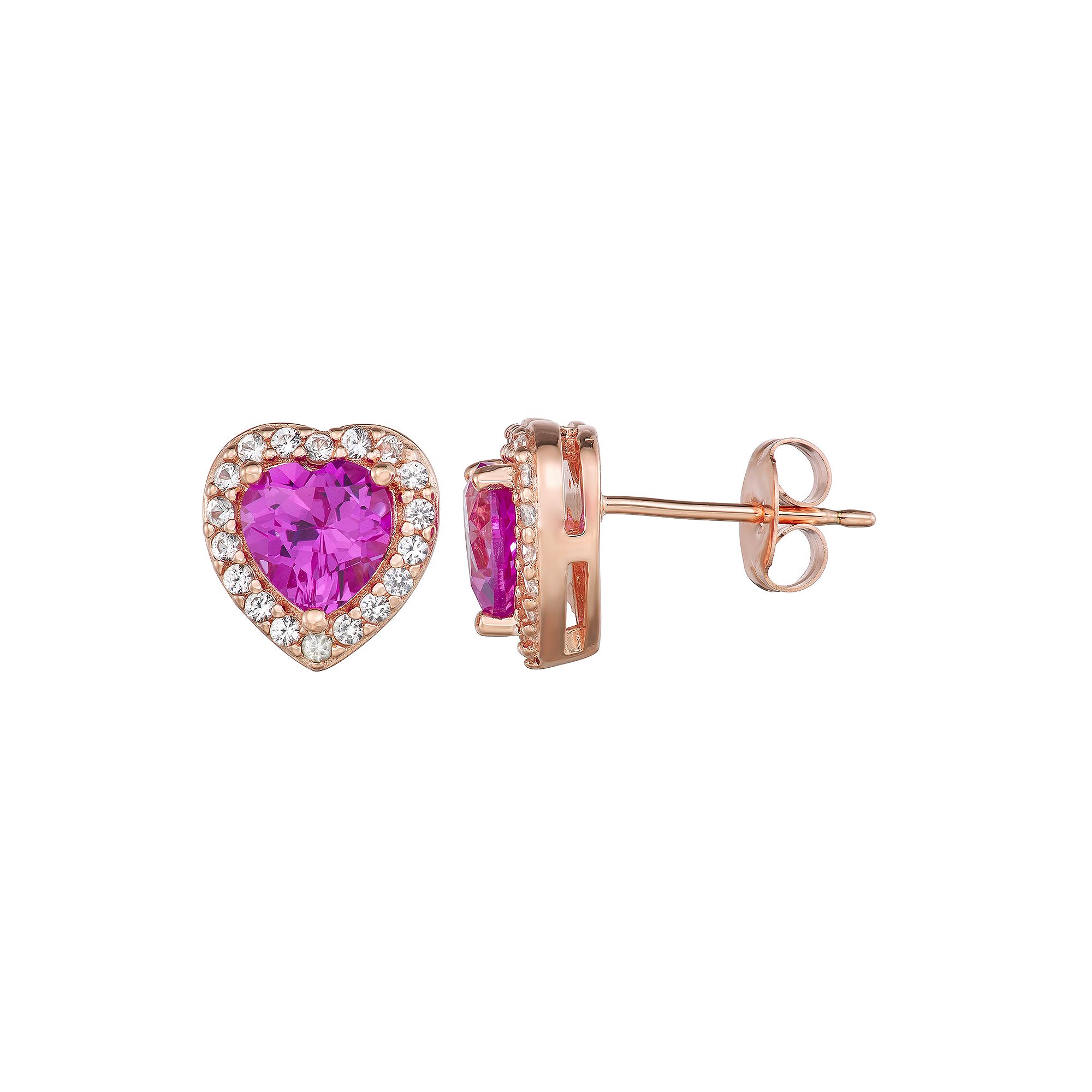 14k Rose Gold Over Silver Lab-Created Pink & White Sapphire Heart Stud Earr