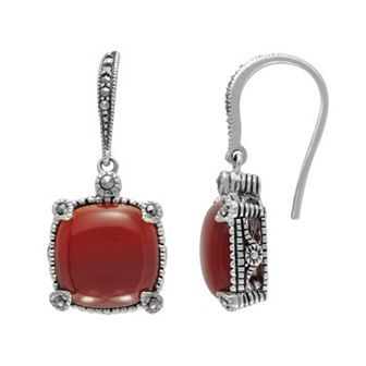 Lavish by TJM Sterling Silver Red Agate & Marcasite Cushion Earrings