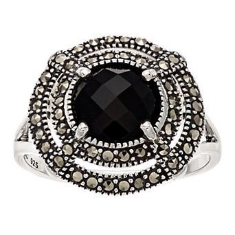 Lavish by TJM Sterling Silver Black Onyx & Marcasite Circle Ring