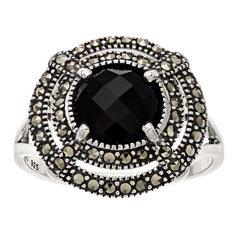 Lavish by TJM Sterling Silver Black Onyx & Marcasite Circle Ring, Womens, 