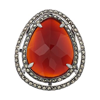 Lavish by TJM Sterling Silver Red Agate & Marcasite with White Topaz Ring