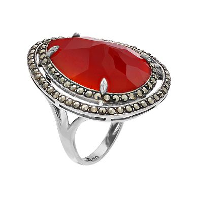 Lavish by TJM Sterling Silver Red Agate & Marcasite with White Topaz Ring