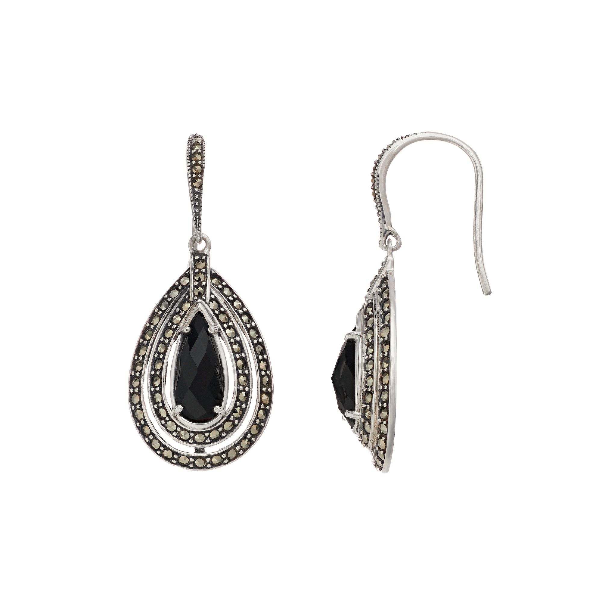 Lavish by TJM Sterling Silver Black Onyx & Marcasite Earrings, Womens