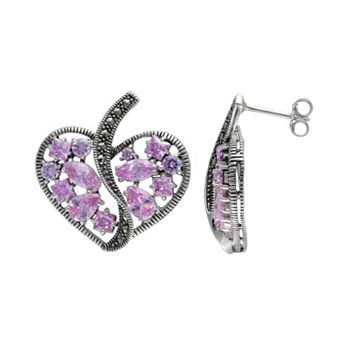 Lavish by TJM Sterling Silver Pink CZ & Marcasite Heart Earrings
