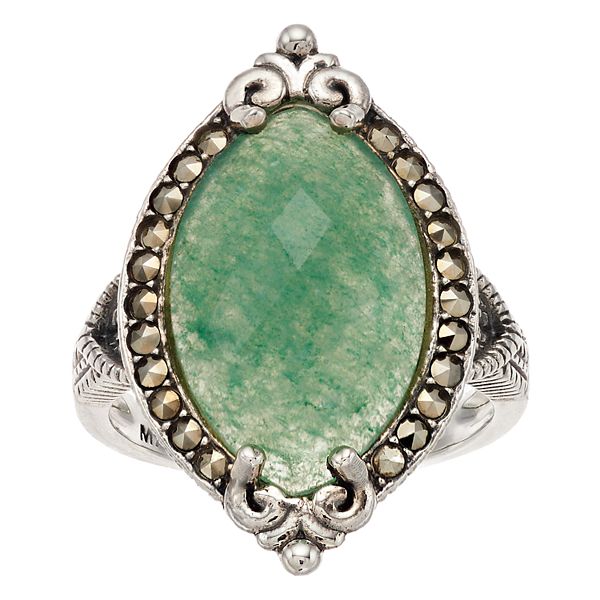 Lavish by TJM Sterling Silver Green Aventurine & Marcasite Marquise Ring