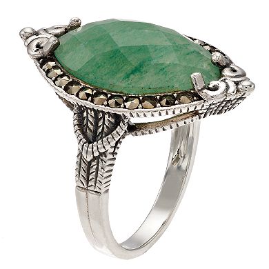 Lavish by TJM Sterling Silver Green Aventurine & Marcasite Marquise Ring
