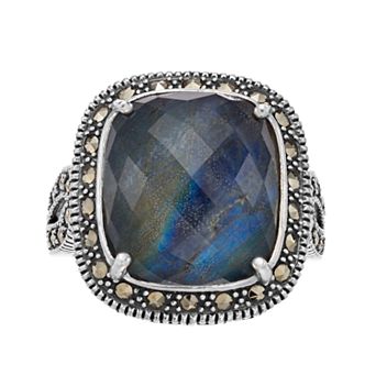 Lavish by TJM Sterling Silver Crystal Labradorite Doublet & Marcasite Ring