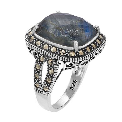 Lavish by TJM Sterling Silver Crystal Labradorite Doublet & Marcasite Ring