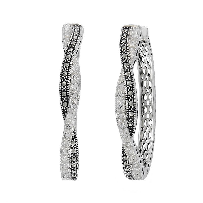 Lavish by TJM Sterling Silver White Crystal & Marcasite Hoop Earrings, Wome