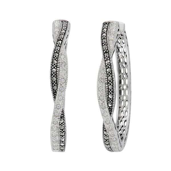 Lavish by TJM Sterling Silver White Crystal & Marcasite Hoop Earrings