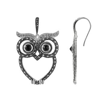 Lavish by TJM Sterling Silver Black Onyx, Crystal & Marcasite Owl Earrings